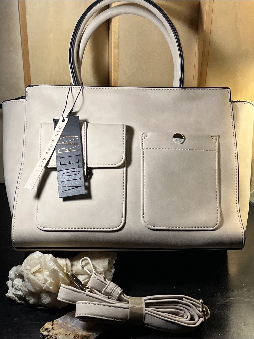 Violet Ray Cream Structured Satchel with Front Pockets and Strap